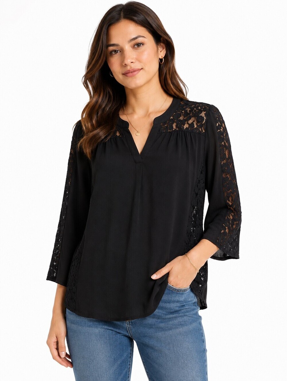 Nine West Jeans Women's Black Lace Trim Blouse 3/4 Sleeve Casual Top - L
